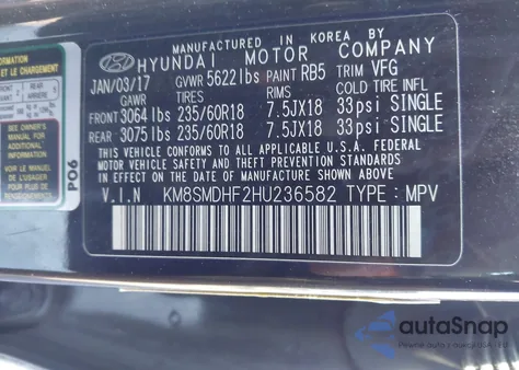 2017 Hyundai Santa Fe Se z USA, uszkodzony, nr VIN KM8SMDHF2HU236582